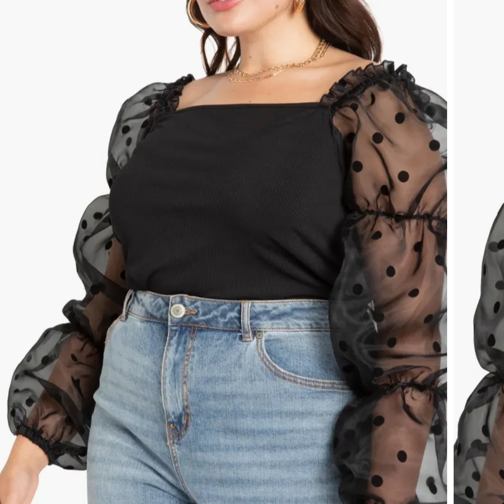 Elegant Black Fitted Blouse with Square Neck and Long Puff Sleeves